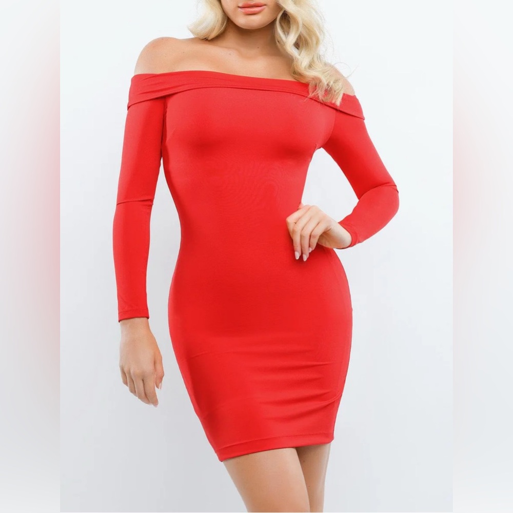 Popilush Shapewear Long Sleeve Off-the-Shoulder Bodycon Mini Dress Red NWOT Sz L